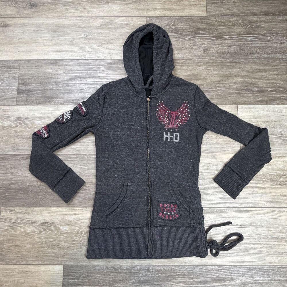Harley Davidson Hoodie Womens XS Gray Full Zip Winged Rebels Studded Graphic